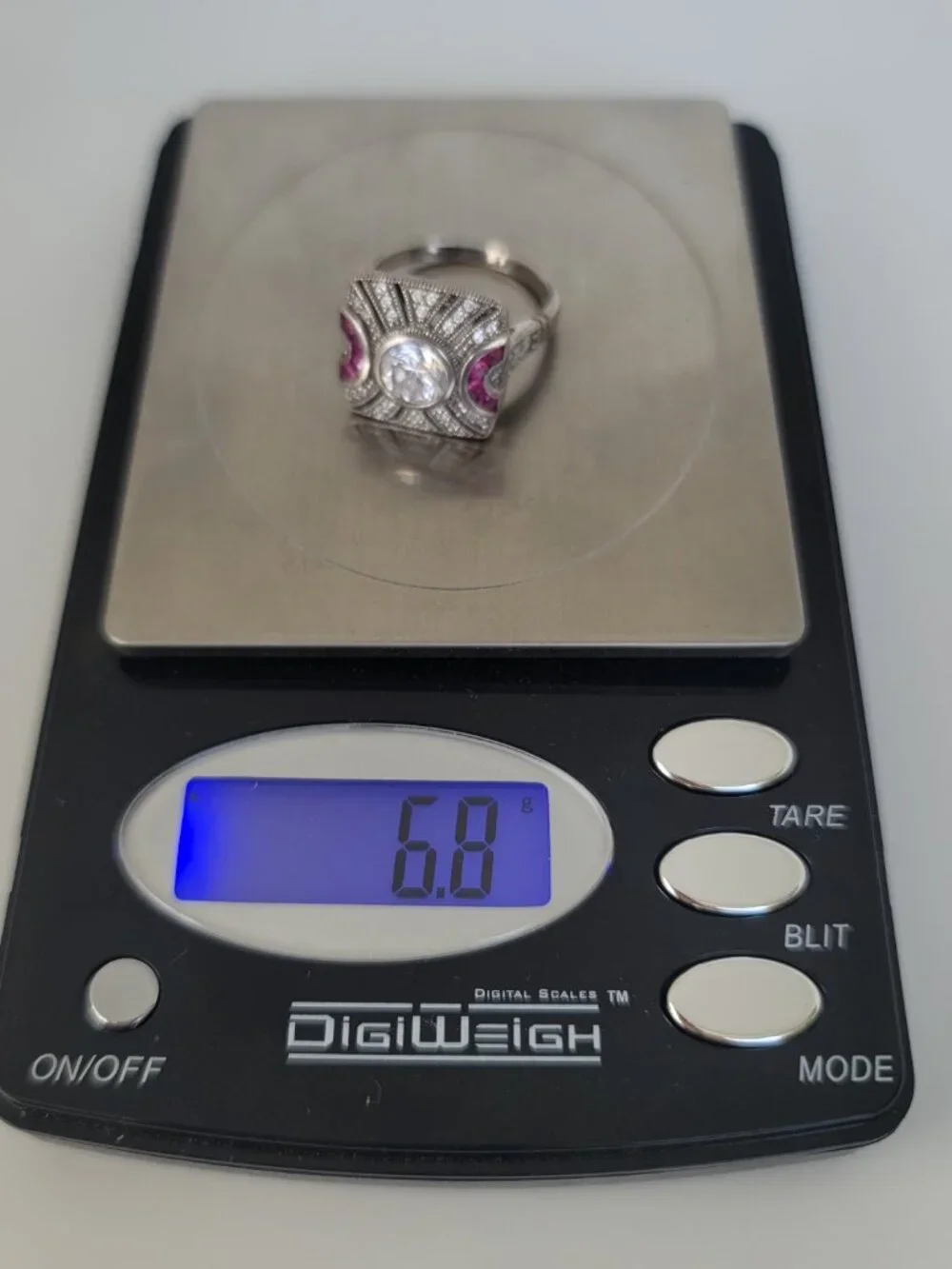 Synthetic Diamond, Ruby & Sterling Art Deco Style Ring by Joseph Esposito - Picture 6 of 6